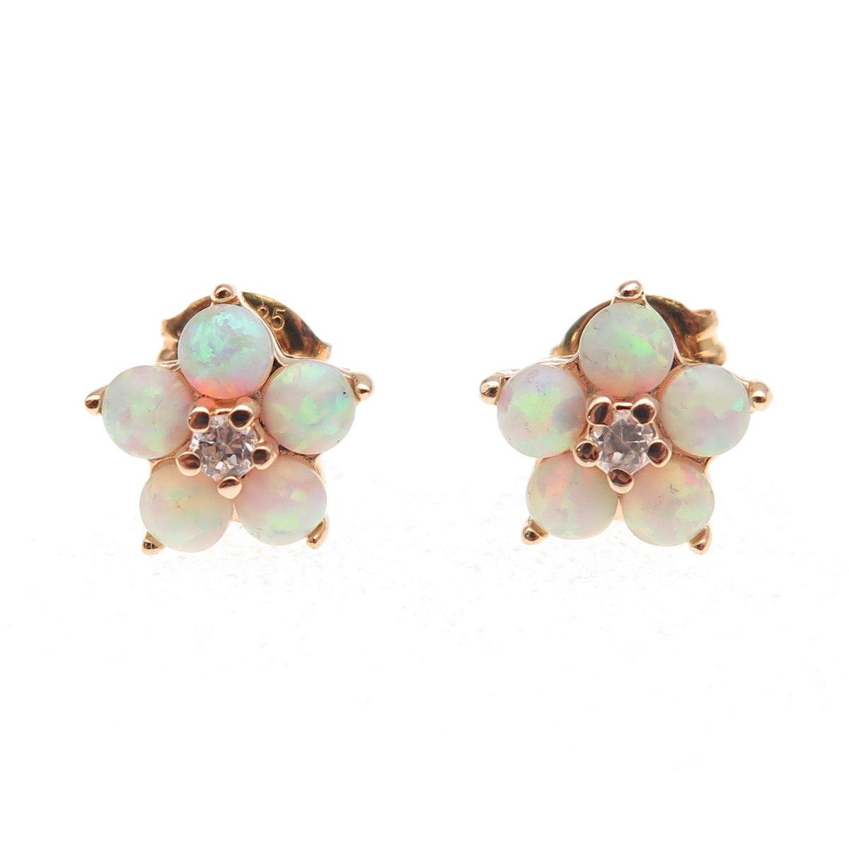 Ross Simons 925 Sterling Silver Gold Plated Real Opal & C Z Floral Stud Earrings
