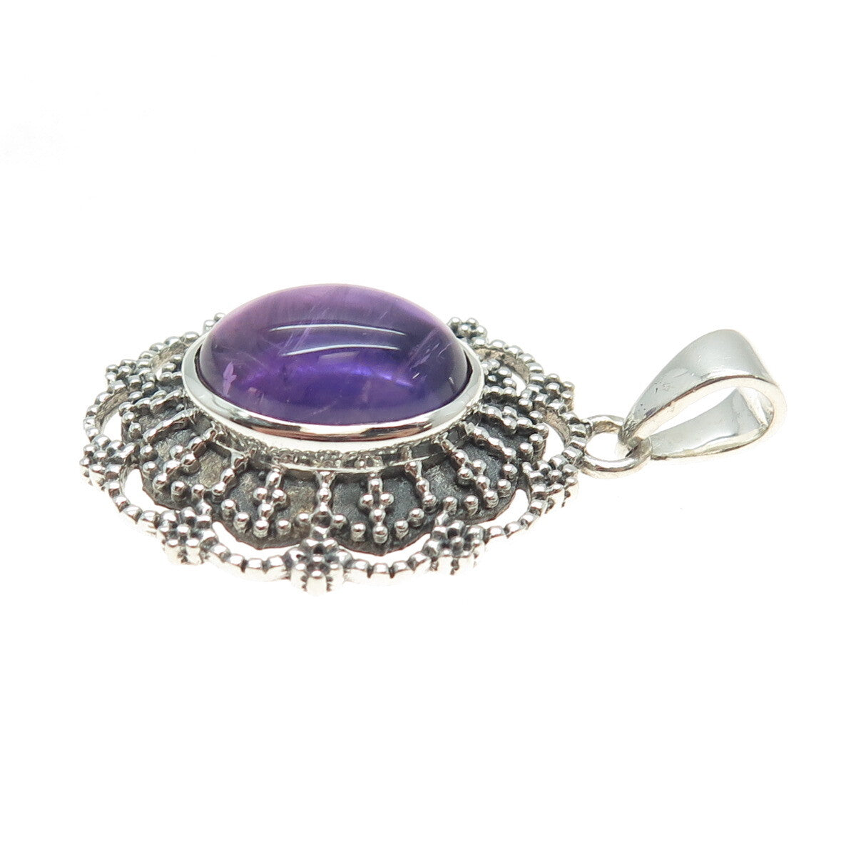 925 Sterling Silver Vintage Real Amethyst Floral Granulated Oxidized Pendant