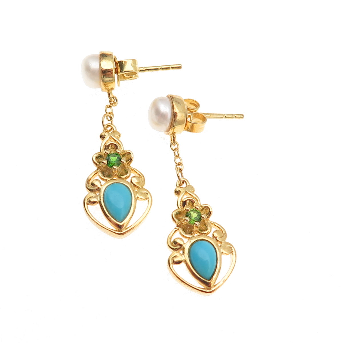 925 Sterling Gold Plated Real Turquoise Pearl & Peridot Floral Dangle Earrings