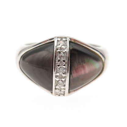 925 Sterling Silver Real Abalone Shell & C Z Modernist Ring Size 8.75