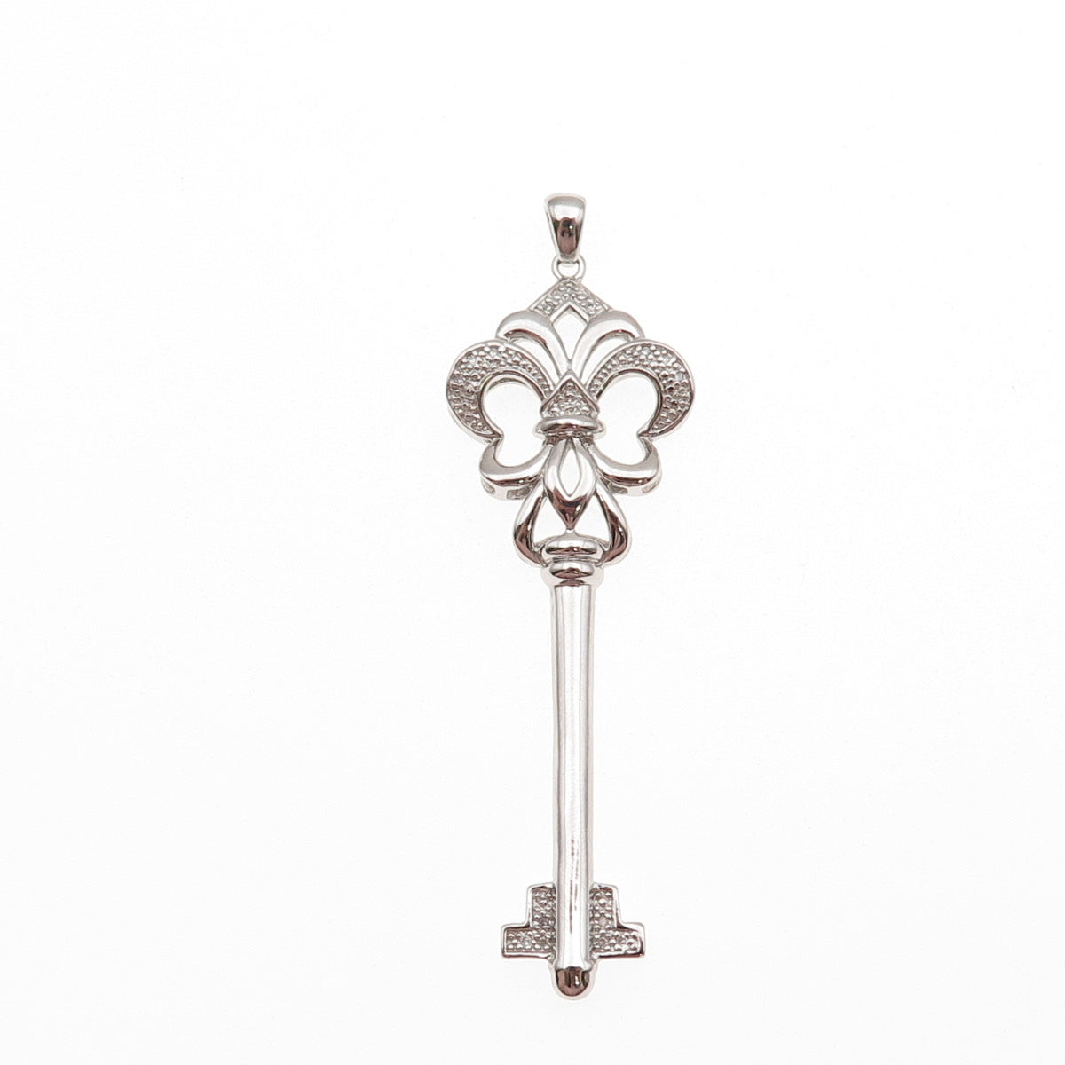 925 Sterling Silver Real Round-Cut Diamond Fleur de Lis Key Pendant