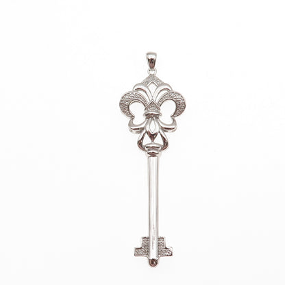 925 Sterling Silver Real Round-Cut Diamond Fleur de Lis Key Pendant