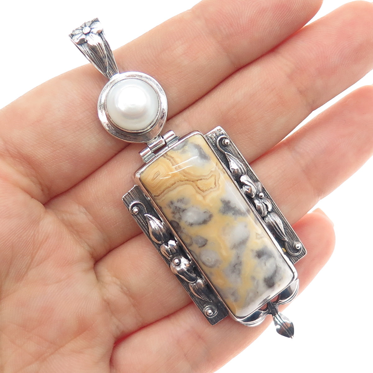 AF DESIGN 925 Sterling Silver Vintage Real Jasper & Pearl Modernist Pendant