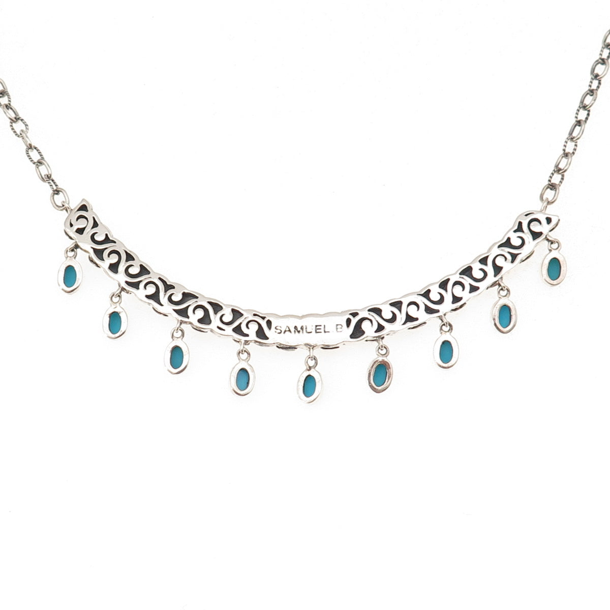Samuel Benham 925 Sterling Silver Real Turquoise Cable Chain Necklace 18-20"