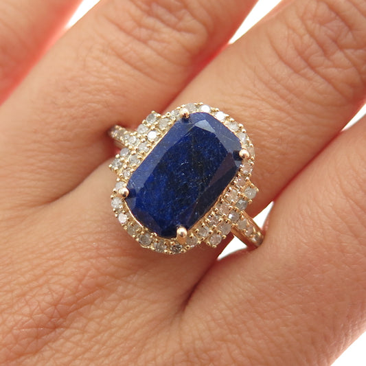 DSMK 925 Sterling Silver Gold Plated Real Diamond & Sapphire Ring Size 7.25