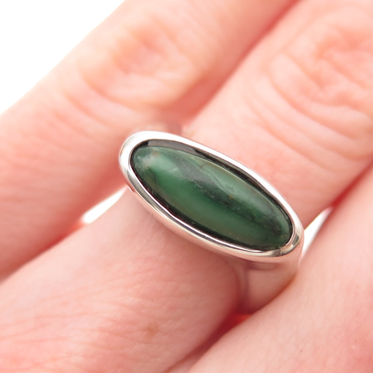 925 Sterling Silver Vintage Real Malachite Modernist Wavy Ring Size 6