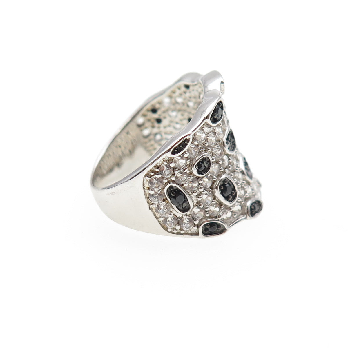 925 Sterling Silver Real Round-Cut Black Spinel & White Topaz Ring Size 6.25