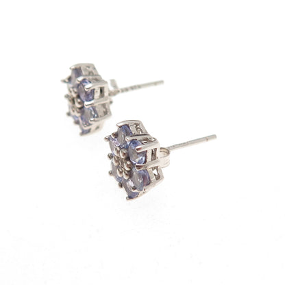 925 Sterling Silver Real Round-Cut Diamond & Tanzanite Floral Stud Earrings