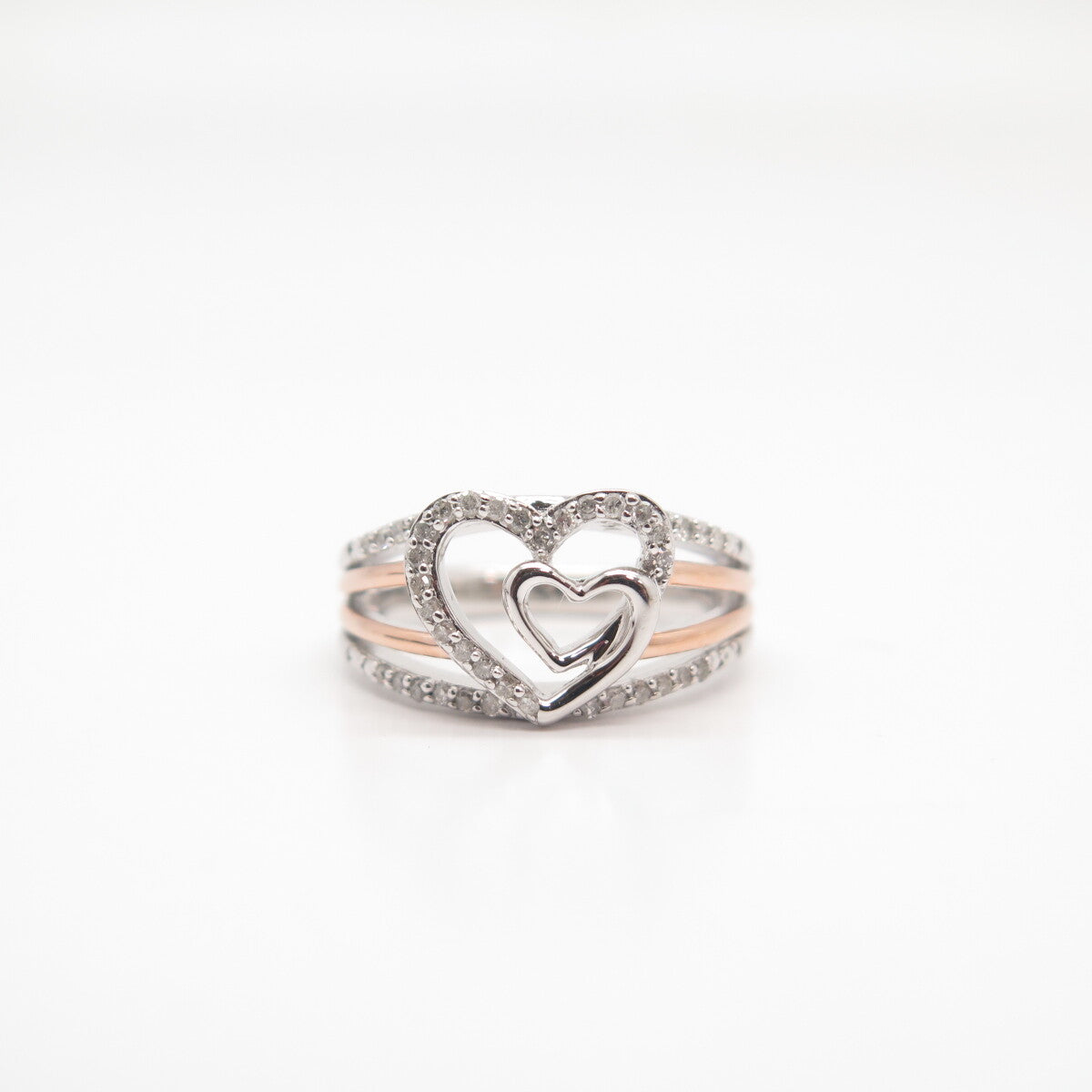 925 Sterling Silver 2-Tone SUN Real White Diamond Double Heart Ring Size 7