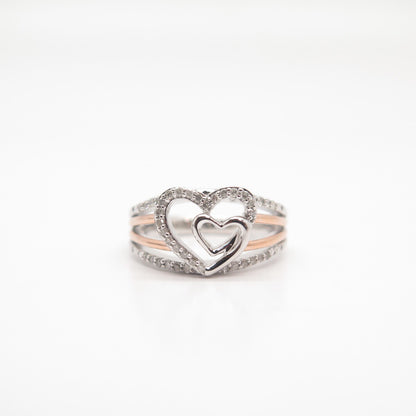 925 Sterling Silver 2-Tone SUN Real White Diamond Double Heart Ring Size 7