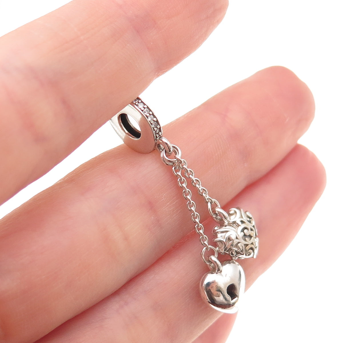 Pandora 925 Sterling Silver Round-Cut C Z Lock & Heart Dangle Charm