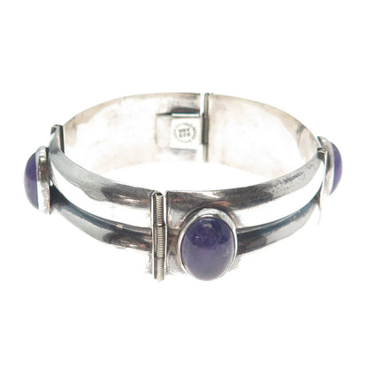 925 Sterling Silver Vintage Mexico Real Amethyst Oxidized Panel Link Bracelet 7"