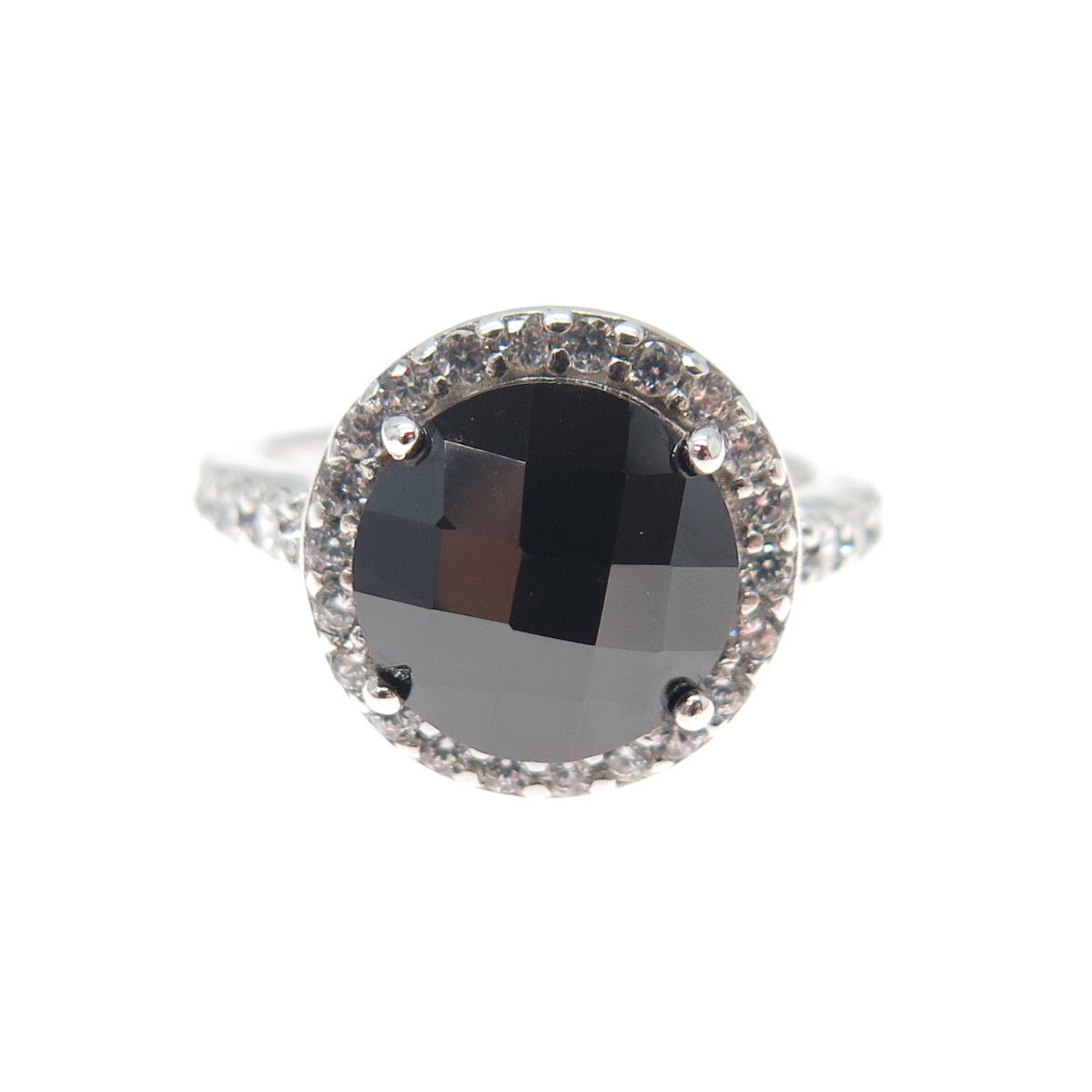 925 Sterling Silver Vintage Real Round-Cut Black Spinel & C Z Ring Size 4.75
