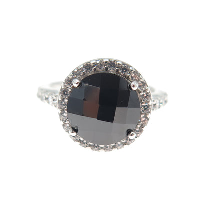 925 Sterling Silver Vintage Real Round-Cut Black Spinel & C Z Ring Size 4.75