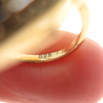 925 Sterling Silver Gold Plated Real Tiger Eye & C Z Teardrop Ring Size 6.5