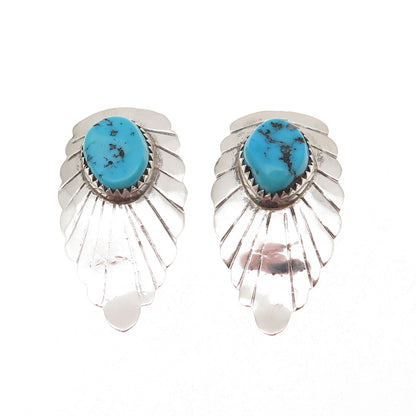 Old Pawn Sterling Silver Vintage Southwestern Turquoise Floral Clip On Earrings