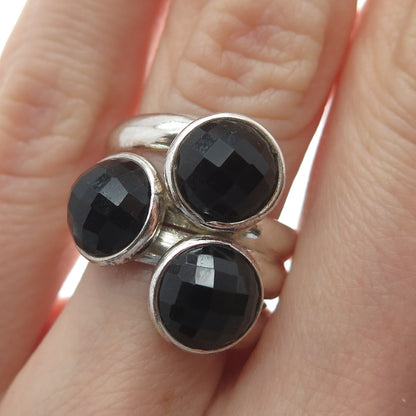925 Sterling Silver Vintage Real Checkered Black Spinel Gem 3-Row Ring Size 7