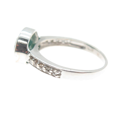 925 Sterling Silver Real Round-Cut Diamond & Oval-Cut Emerald Ring Size 7.75