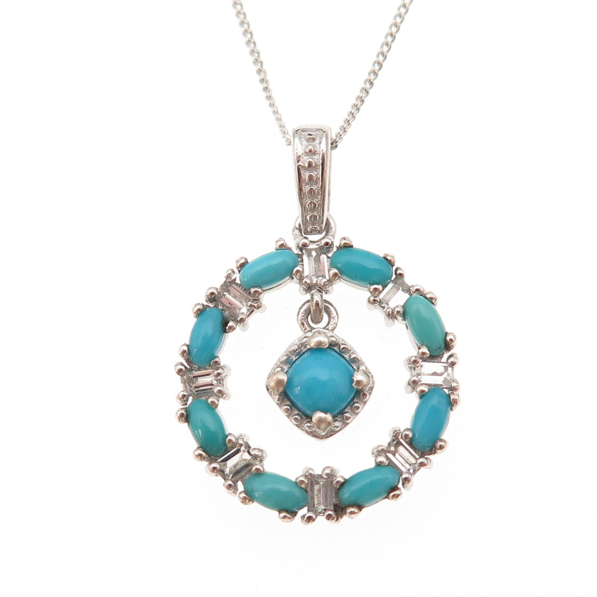Chuck Clemency 925 Sterling Silver Real Turquoise White Topaz Chain Necklace 20"