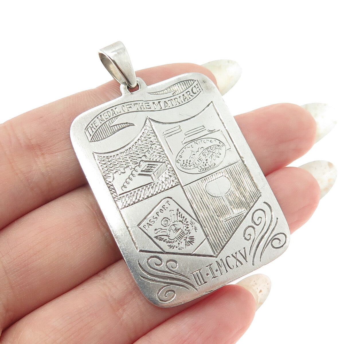 925 Sterling Silver Antique 1915 "The Medal of The Matriarch" Engraved Pendant