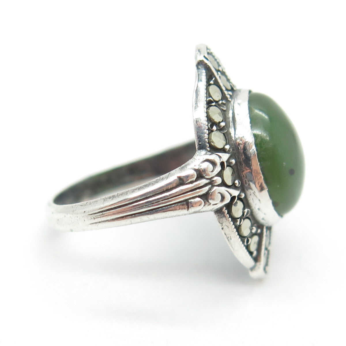 UNCAS 925 Sterling Silver Antique USA Real Jade & Marcasite Gem Ring Size 3.25