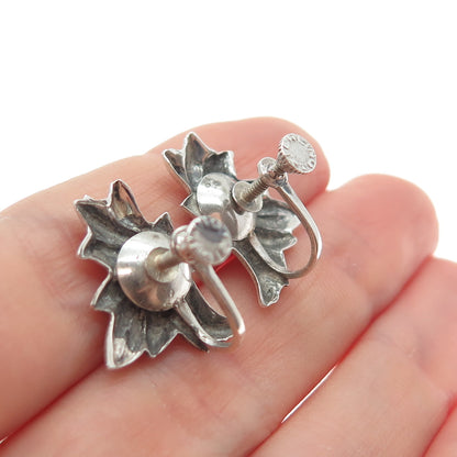 925 Sterling Silver Antique Art Deco Floral Repousse Screw Back Earrings