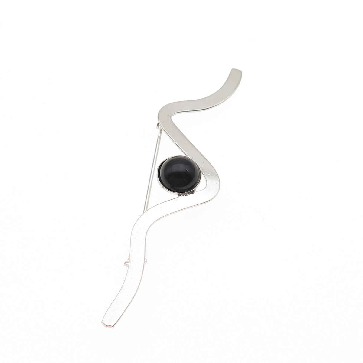 Rolyn R Inc 925 Sterling Silver Vintage Real Black Onyx Modernist Wavy Brooch