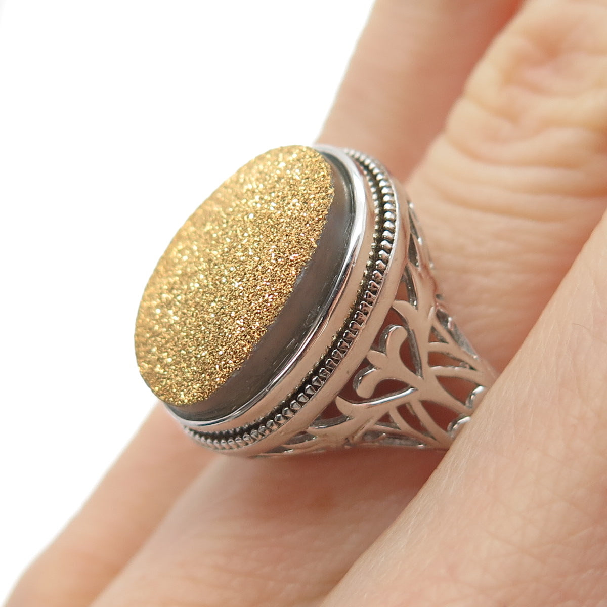 925 Sterling Silver Real Oval-Cut Gold Druzy Ornate Ring Size 5.25