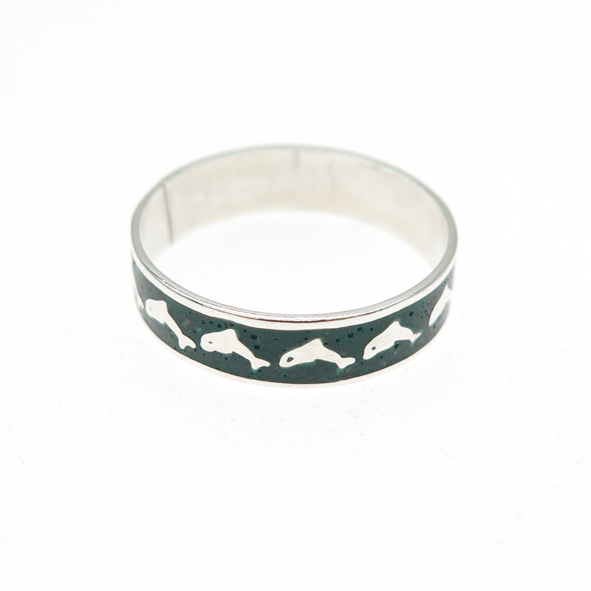 925 Sterling Silver Vintage Real Turquoise Inlay Dolphin Band Ring Size 6.75