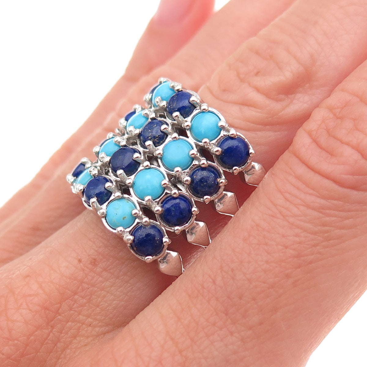 Chuck Clemency 925 Sterling Silver Real Turquoise & Lapis 4-Row Ring Size 8.25
