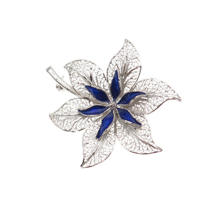 Van Lou 925 Sterling Silver Vintage Enamel Floral Filigree Pin Brooch