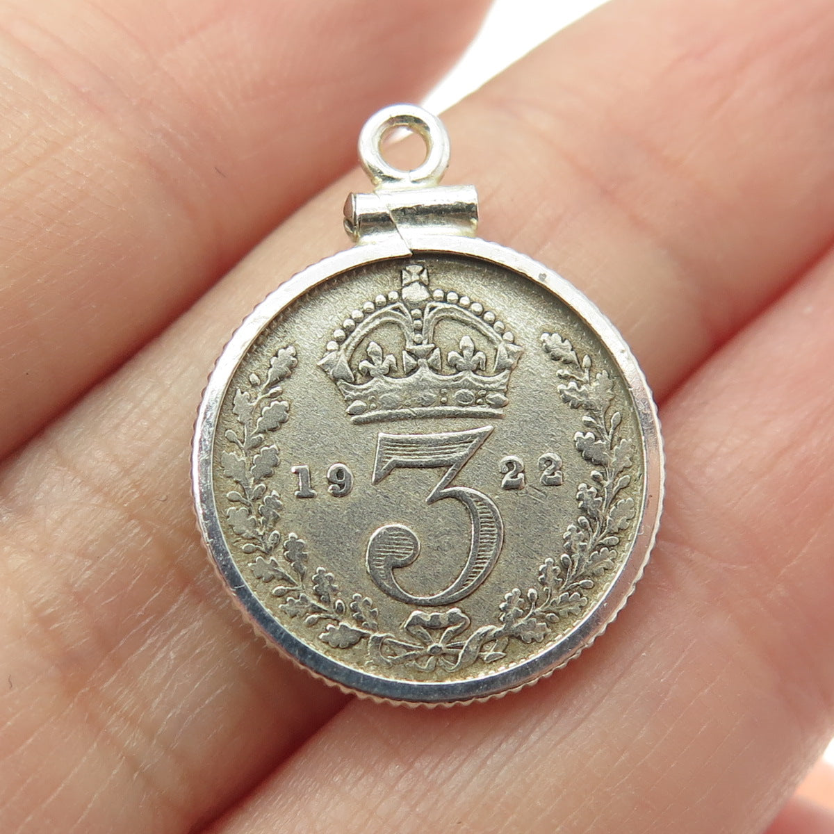 925 Sterling Silver Antique 1922 "3 Pence King George V" Coin Pendant