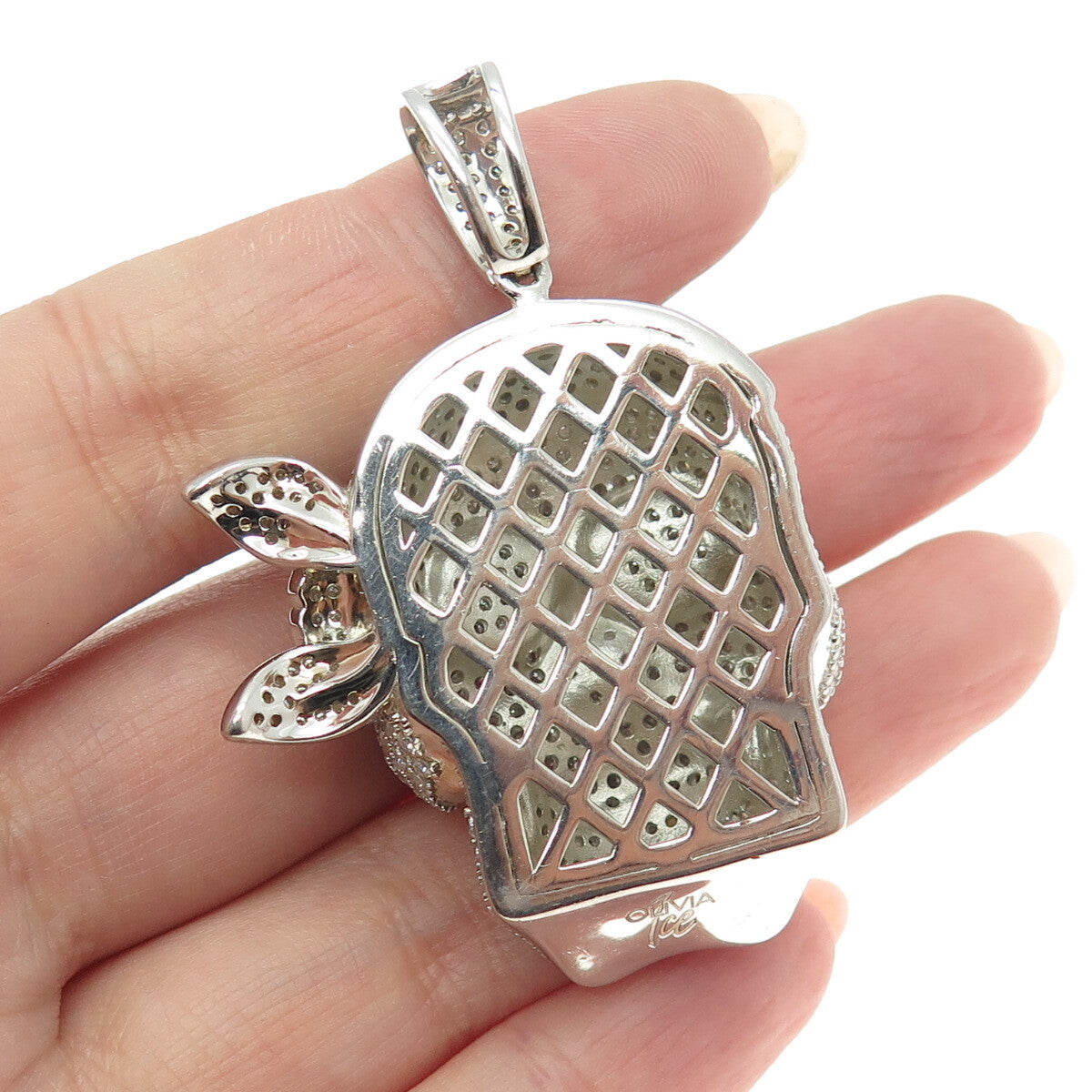 OLIVIA ICE 925 Sterling Silver Real Round-Cut Moissanite Pirate Skull Pendant