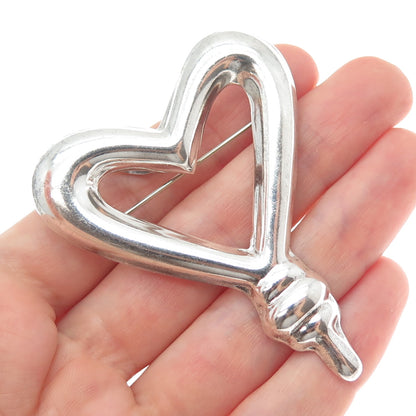 925 Sterling Silver Vintage Mexico Modernist Heart Pin Brooch / Pendant