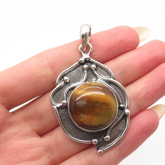 925 Sterling Silver Vintage Real Tiger Eye Gem Beaded Pendant