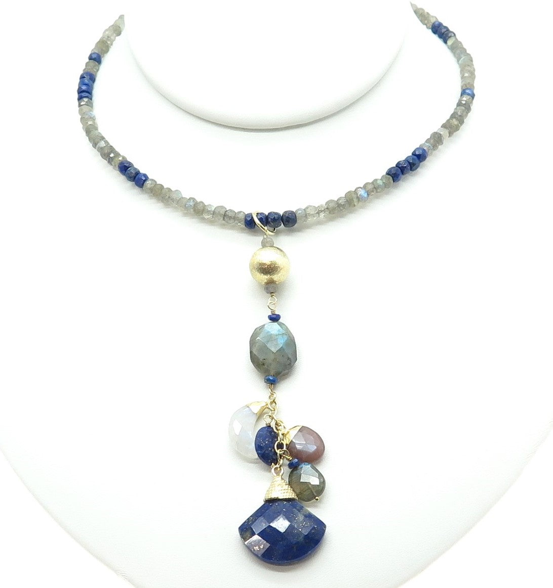 925 Sterling Silver Gold Plated Real Labradorite Lapis & MOP Beaded Necklace 18"