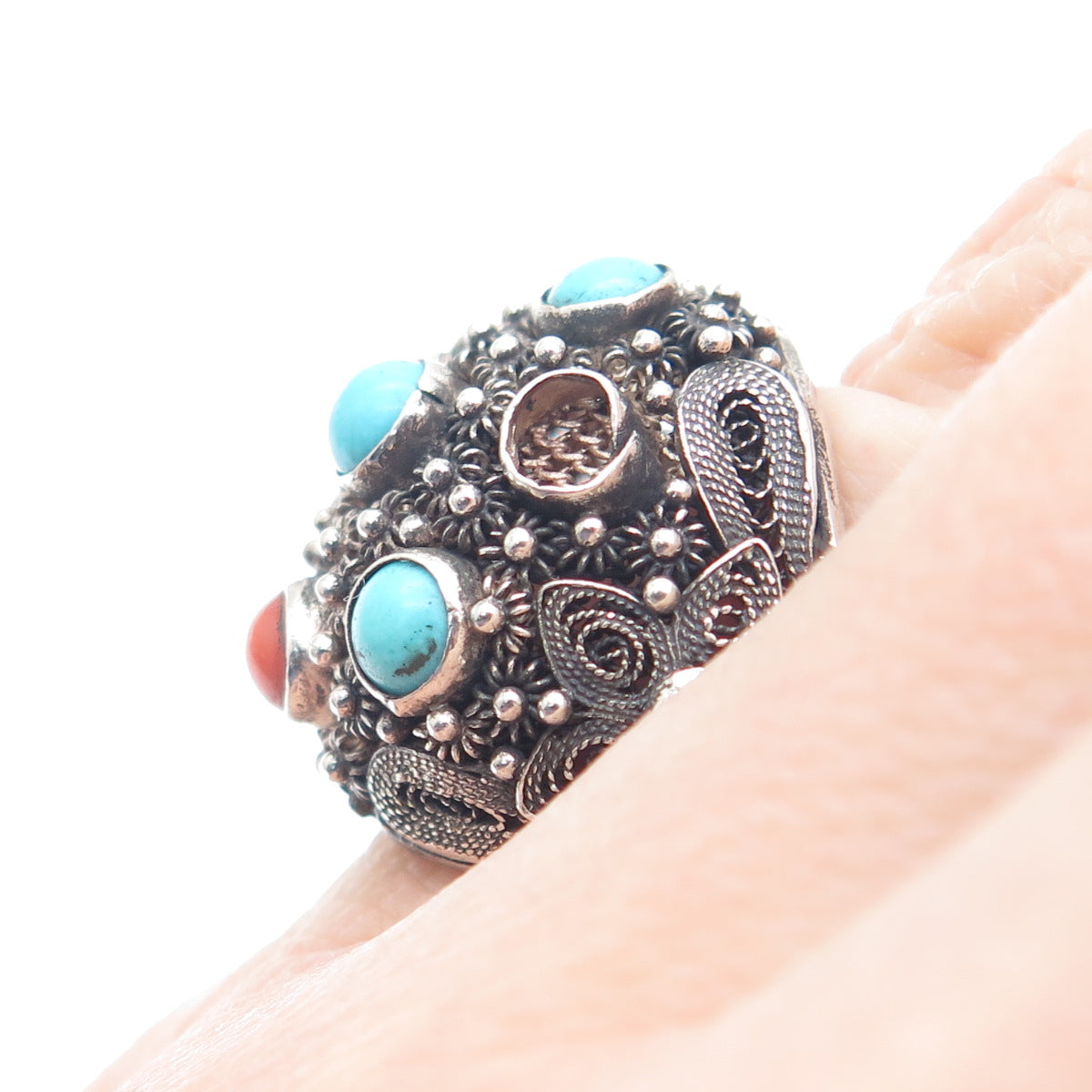 925 Sterling Antique China Turquoise Coral Ring Size 5.25 (missing 3 stones)