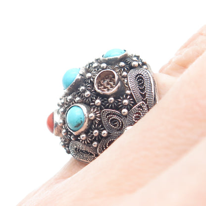 925 Sterling Antique China Turquoise Coral Ring Size 5.25 (missing 3 stones)
