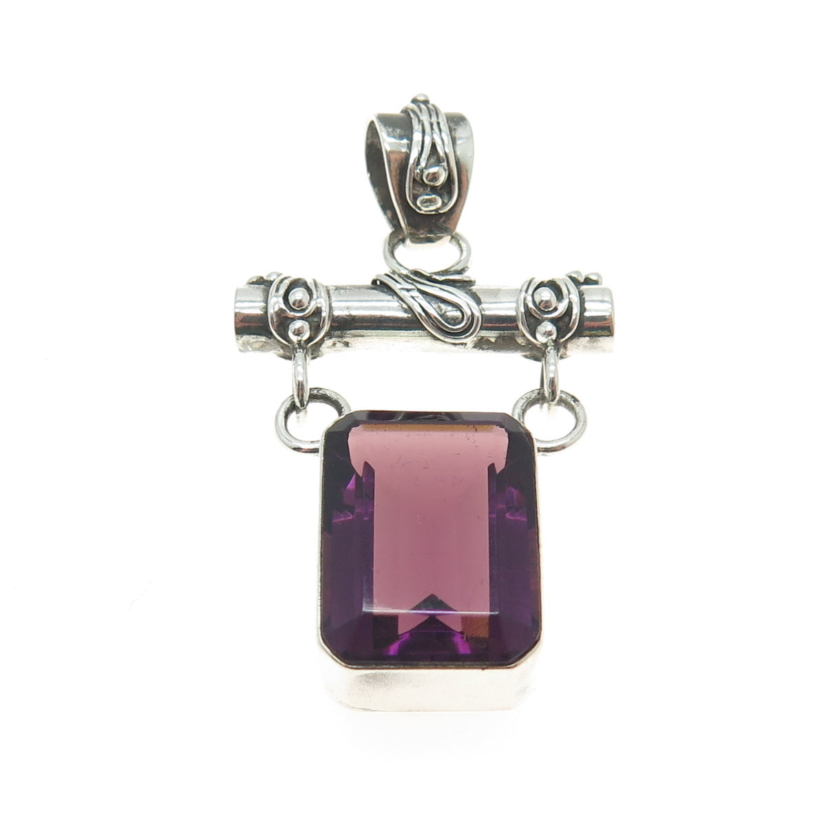 925 Sterling Silver Vintage Real Amethyst Gemstone Modernist Pendant