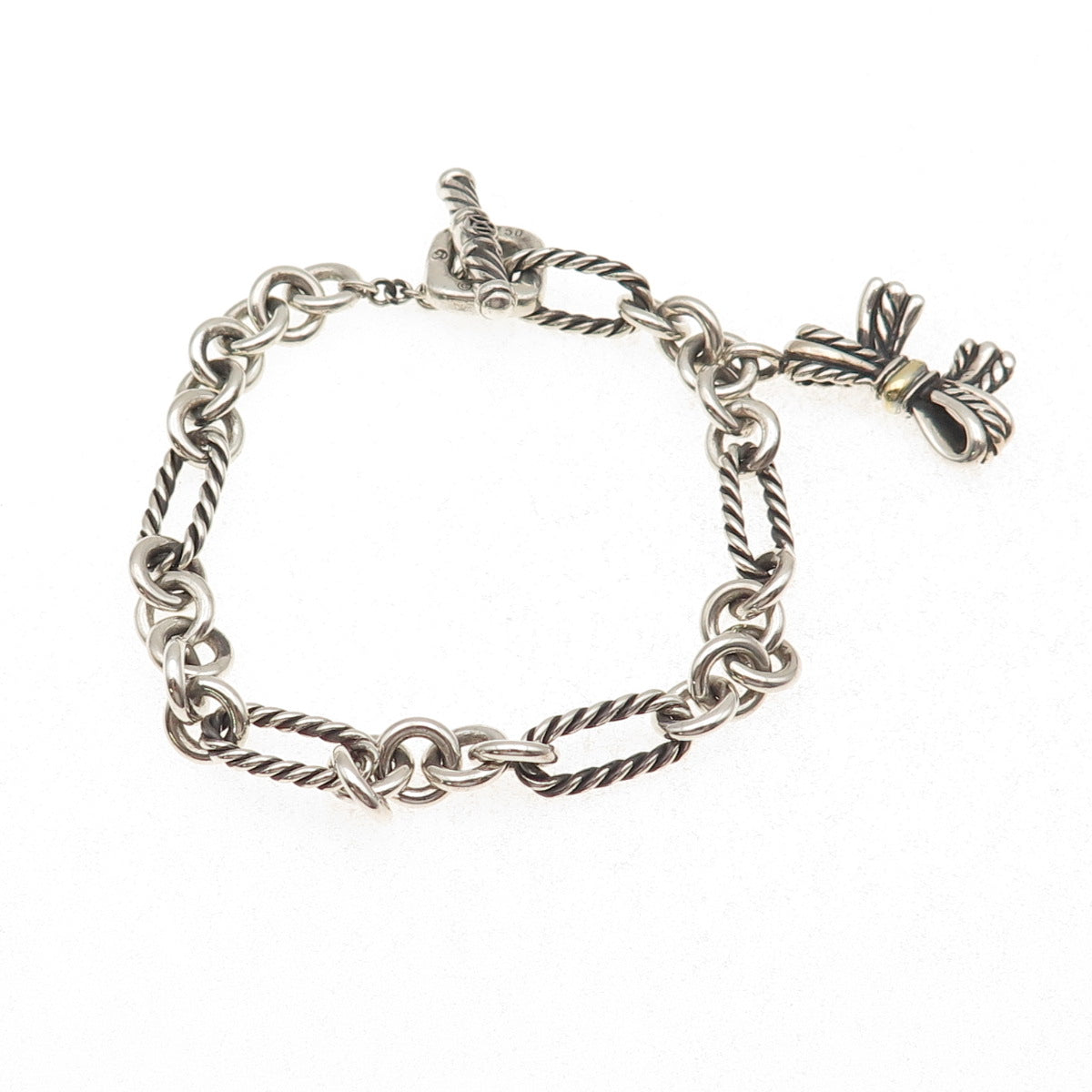David Yurman 925 Sterling Silver 18K Gold Vintage Bow Charm Bracelet 6.75"