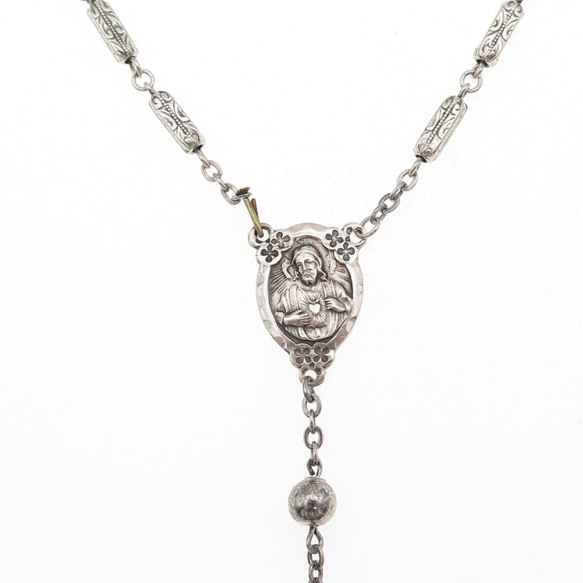 925 Sterling Antique Art Deco Jesus Sacred Heart Religious Rosary Chain 32"
