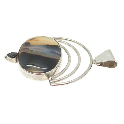 925 Sterling Silver Vintage Picture Agate & Red Garnet Gem Modernist Pendant