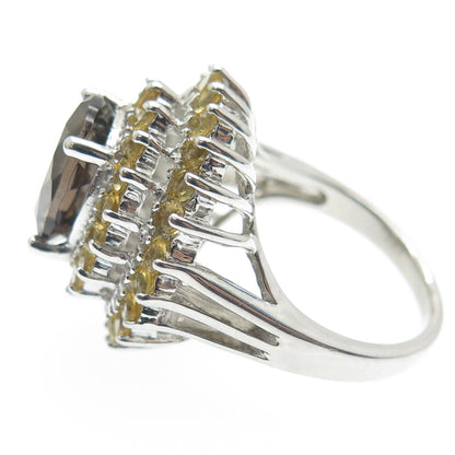 925 Sterling Silver Real Oval-Cut Smoky Quartz & Citrine Ring Size 7.5