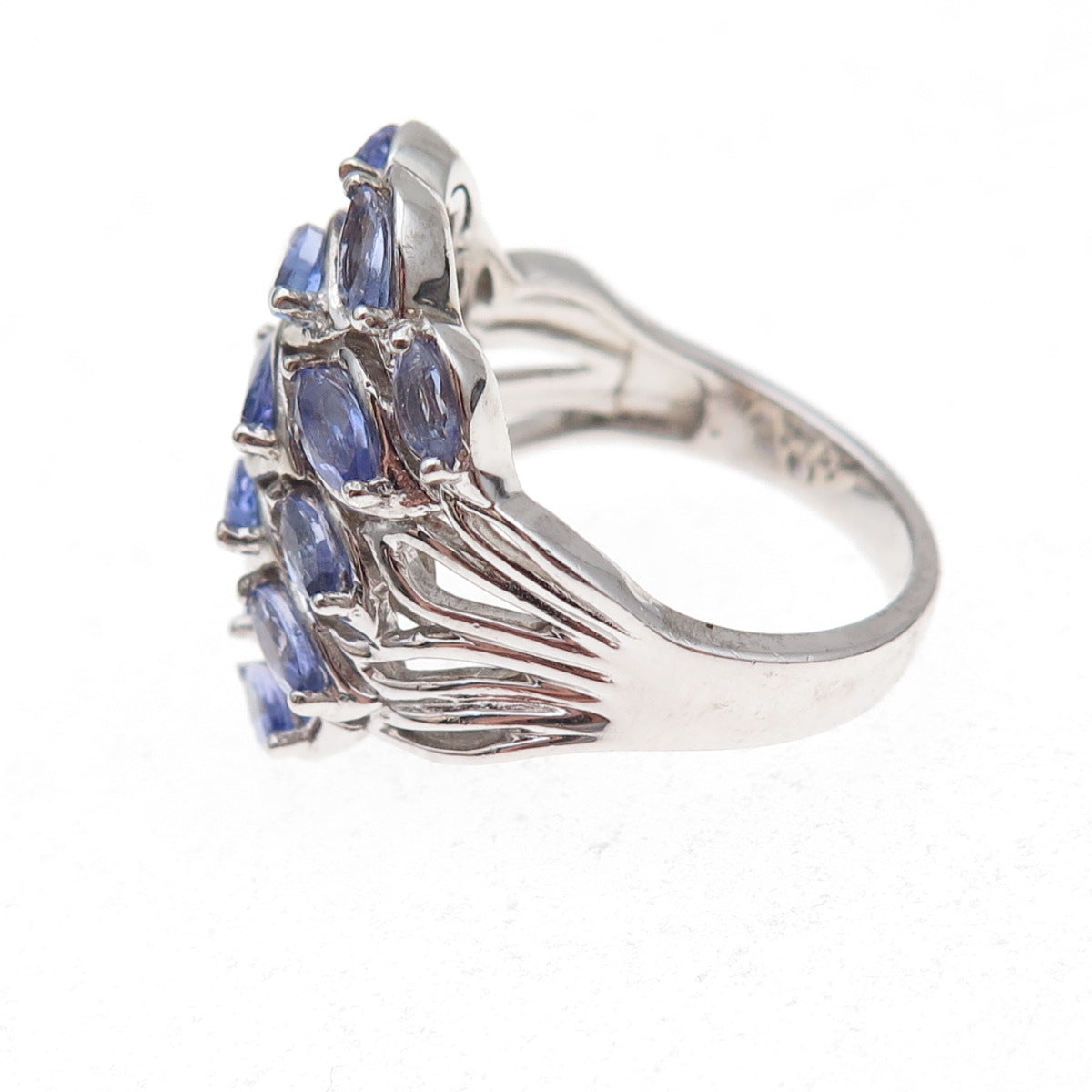925 Sterling Silver Real Marquise-Cut Tanzanite Cluster Ring Size 8.25