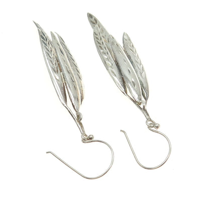 925 Sterling Silver Vintage Feather Dangling Earrings