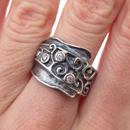 Didae 925 Sterling Silver Vintage Israel C Z Modernist Oxidized Ring Size 8.25