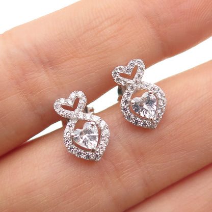 925 Sterling Silver Heart & Round-Cut C Z Stud Earrings