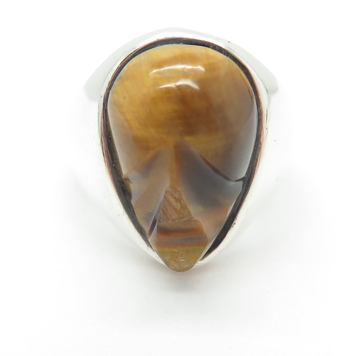 925 Sterling Silver Vintage Mexico Carved Tiger Eye Tribal Face Ring Size 9.75