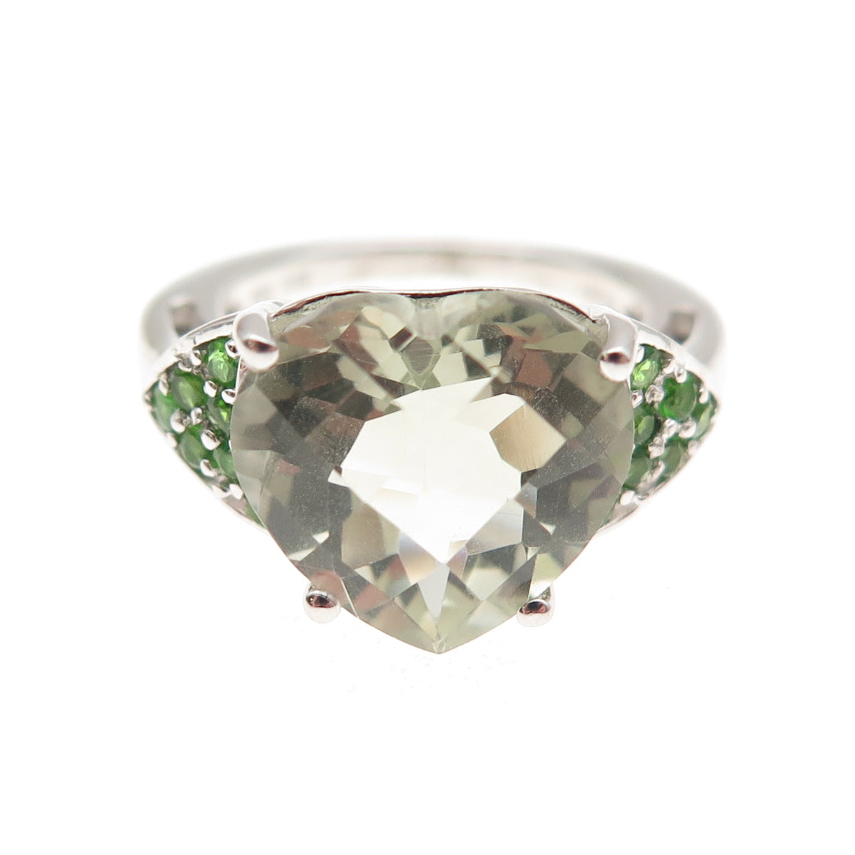 925 Sterling Real Green Amethyst & Chrome Diopside Heart Ring Size 5