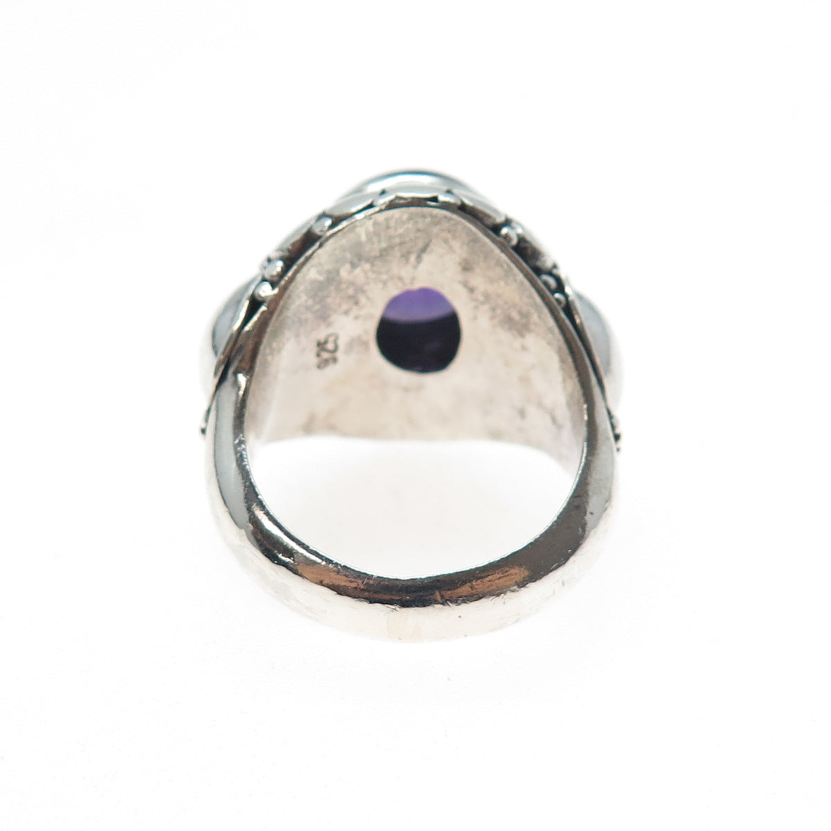 925 Sterling Silver Vintage Real Amethyst Dotted Oxidized Ring Size 8